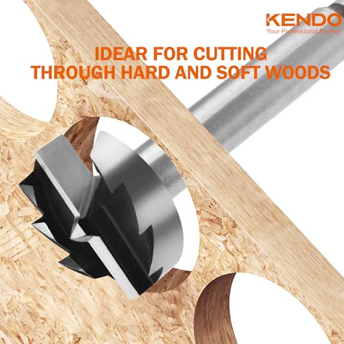 KENDO Forstner Bit Set, 8-Piece Alloy Steel for Woodworking | Round Shank Forstner Drill Bits for Hardwood, Softwood, Plastic, Plywood with Case, 1/4" to 1-3/8" - style: 8 Piece