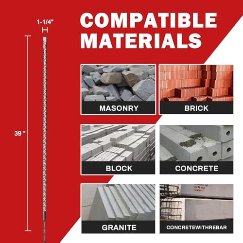 SDS Plus Rotary Hammer Drill Bit 1-1/4" x 39"Concrete Masonry Drill Bits for Brick, Cement & Stone - Durable Alloy Tip, Fast Drilling - size: 1-1/4" x 39"