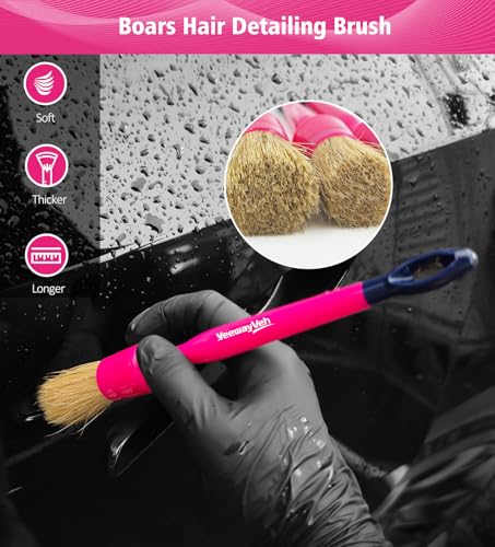 YeewayVeh 6PCS Car Detailing Brush Set, Boars Hair & Ultra Soft, Pink - color: Magenta Pink