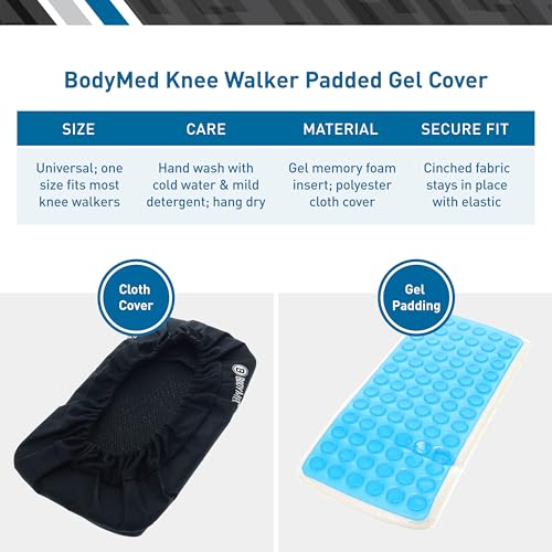 BodyMed Knee Walker Padded Gel Cover, Gel + Memory Foam Cushion, Elastic Fit Design, Low-Profile Comfort Pad, One Size Fits Most Knee Walkers