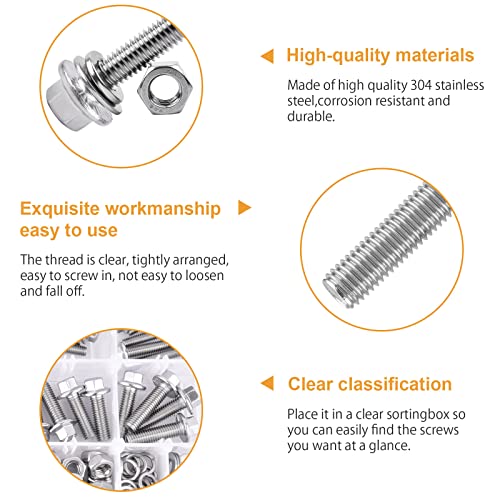VIGURE 228PCS M6 M8 Metric Bolt Assortment Kit, M6 x 12/16/20/25/30mm Stainless Steel Flanged Hex Bolts and M8 x 16/20/25/30mm Flange Metric Bolts and Nuts Kit - size: 228PCS M6 M8 Metric Bolts