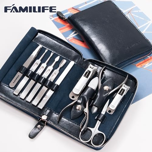 FAMILIFE Stainless Steel Manicure Set 11-in-1 Professional Nail Clipper Kit | Portable Leather Travel Case, Pedicure & Grooming Tools for Fingernails & Toenails, Luxury Gift for Men & Women, Navy Blue - color: Navy Blue