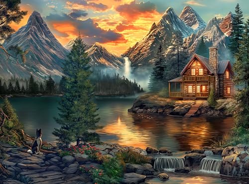 Adult Jigsaw Puzzle 1000 Piece Mountain Cabin - color: Evening Tranquility