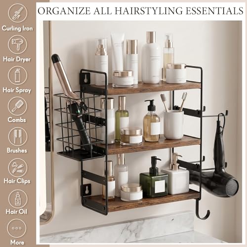 Nuanchu 3-tier Wall Mounted Hair Dryer Holder, Adjustable Wood & Metal Hair Tool Organizer with Detachable Basket & Side Hooks, Rust-resistant for Bathroom Vanity, Kitchen, Toiletries (Rustic Brown)