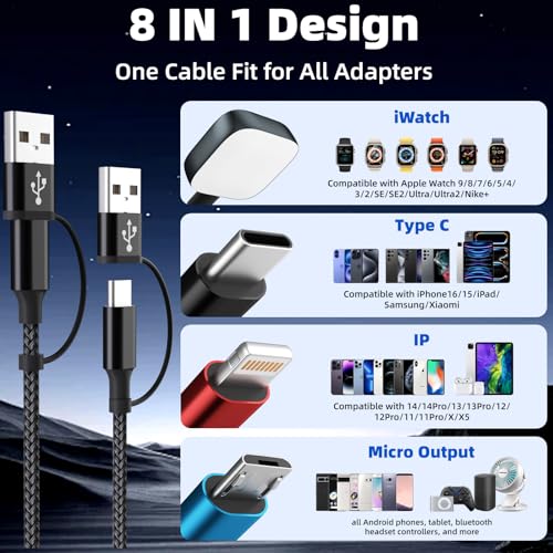 Cruise Essentials 4IN2 Charging Cable for iWatch Charger/iPhone17/IP/Micro - color: Black, size: 1Pack 5FT