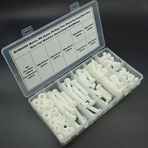 Metric M8 Phillips Pan Head Nylon Screws Nuts Flat Washers Assortment Kit, Screws Length:10mm to 40mm(White) - size: M8