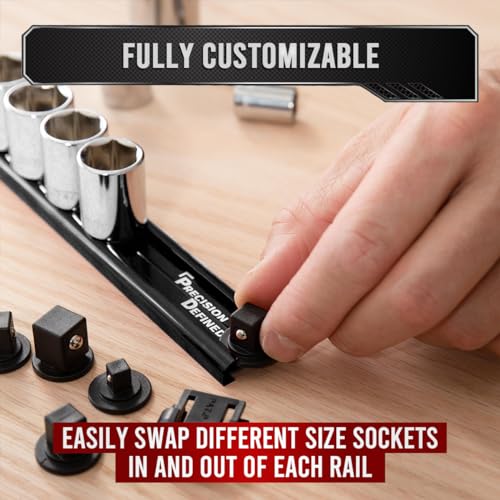 Precision Defined Aluminum Tool Socket Holder 3-Piece Set | Black, 1/4-Inch x 16, 3/8-Inch x 16, 1/2-Inch x 14 Clips | 360 Rotation - Heavy Duty Socket Rails Organizer - color: Black