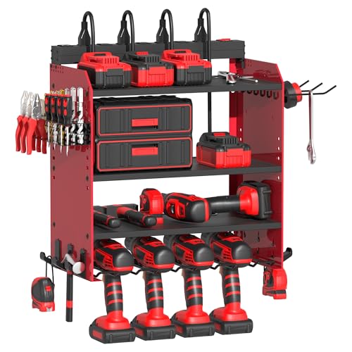 Power Tool Organizer Wall Mount with Charging Station, Garage 4 Drill Storage Shelf with Cordless Tool Holder, Heavy Duty Rack with 8 Outlet Power Strips and Hooks, Gift for Men, Husband (4 Layer) - size: 4 layer