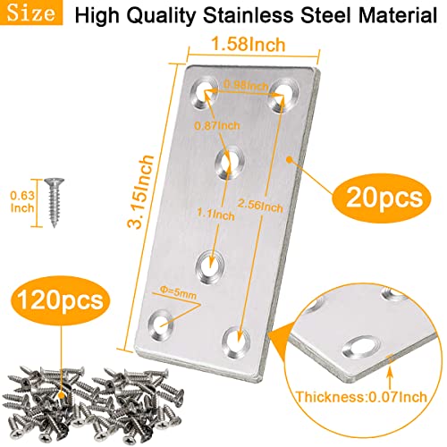 20 Pack Stainless Steel Mending Joining Plates 3 x 1.5 inch Silver Mending Plates Flat Bracket Mending Plate Metal Straight Brace with Screws for Wood Furniture Cabinet Shelves - size: 80MM-Silver