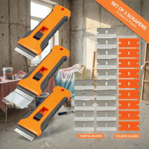 3 Pack Razor Blade Scraper Tool with 24pcs Extra Blades, Cleaning Razor Scraper, Glass Top Stove Scraper for Oven Door, Cooktop Scraper, Glass Scraper Cleaning Paint - size: 3 Pack