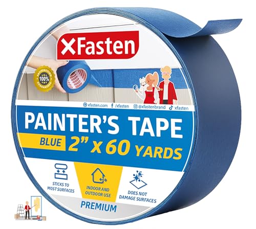 XFasten Professional Blue Painters Tape, Sharp Edge Line Technology, 2" by 60 Yards (Single Pack) - Produces Sharp Lines and Residue-Free Artisan Grade Clean Release Wall Trim Tape - size: 2 Inches x 60 Yards (Single Pack)