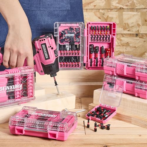 Geinxurn 48Pieces Impact Screwdriver Bits Set, Magnetic S2 Steel Phillips/Slotted/Square/Torx Insert Power Bits Tips, Impact Bit Holder with Pink Storage Box Case - style: STKB048-PK