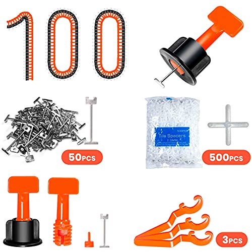 Tile Leveling System Kit,100pcs Reusable Tile Leveler Spacers+500pcs 1/12" Cross-shaped Tile Spacers+3pcs Wrench+50pcs 1/16" Replaceable Spare Steel T-Pin,Tools for Wall Floor Tile Adjustment(100) - size: 100
