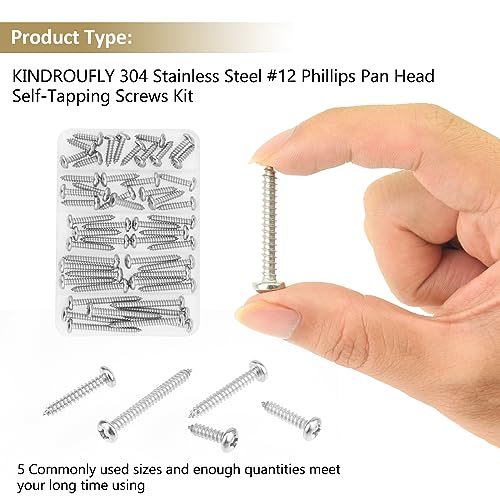 52 Pieces #12 x 3/4" 1" 1-1/4" 1-1/2" 2" Phillips Pan Head Self-Tapping Screws, Wood Screws Assortment Kit, 304 Stainless Steel - size: #12