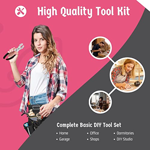 Flexzion 39 Piece Hand Tool Kits with Case - Compact Tool Kit for Handyman, Homeowners DIY - Household Tool Kit for Home with Portable Basic Tool Set Case, Pink - color: Pink & Black
