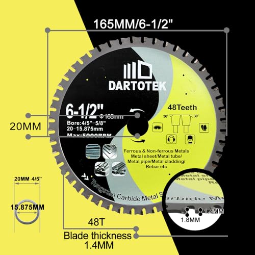6-1/2"/165mm Metal Cutting Disc, DARTOTEK Circular Saw Blade 48T,Tungsten Carbide Tipped TCT Cut Off Wheel for Steel, Ferrous Steel Pipe with 4/5"-5/8" Arbor - size: 165 mm