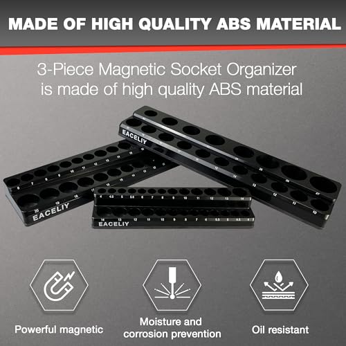 EACELIY Magnetic Socket Organizer Set,Metric Socket Holder Kit, Socket Trays，holds 75 Deep and Shallow 3/8" Sockets(sockets not included) 丨3Pcs 1/2", 1/4" and 3/8" （Black） - size: 3PCS Metric 1/2&3/8&1/4