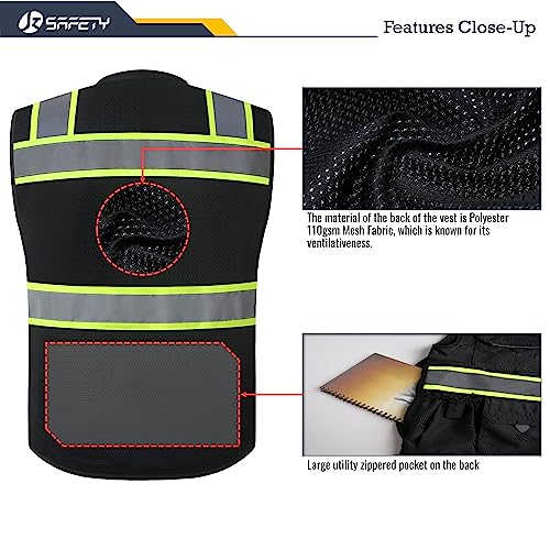 JKSafety Hi-Vis Unisex Surveyor Safety Vest Heavy Duty PPE Inner Pockets ANSI/ISEA Compliant - color: 188-black, size: Large