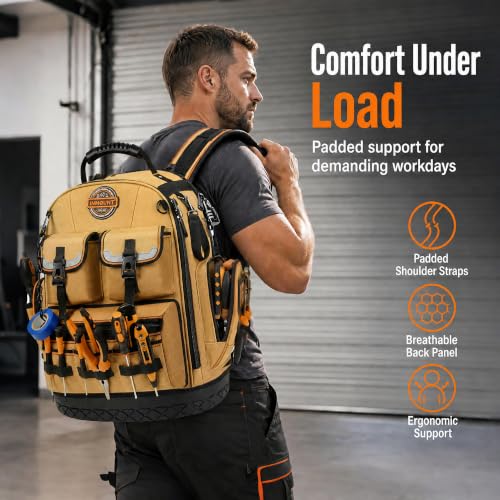 LOKASS Tool Backpack Heavy Duty, 18.5 in, 56 Pockets, Molded Bottom, Brown - color: Brown