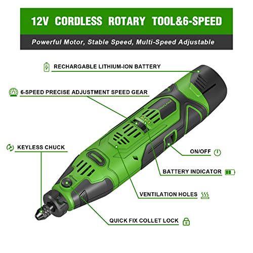 PHALANX 12V Cordless Rotary Tool Kit with Keyless Chuck, 6-Speeds 5000-32000RPM, 119 Accessories with Flex Shaft, Idea for Cutting, Grinding, Wood Carving- Include 2.0AH Battery, Charger (Renewed)