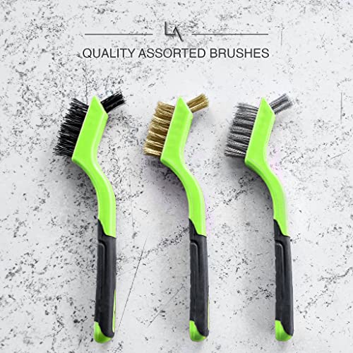 Lavaxon Wire Brush Set 3Pcs - Nylon/Brass/Stainless Steel Bristles with Curved Handle Grip for Rust, Dirt & Paint Scrubbing with Deep Cleaning – 7 Inches (Green) - color: Green