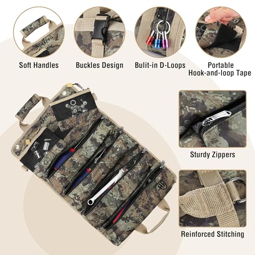 WORKPRO Camo Roll Up Tool Bag, 6-Pocket Organizer with Detachable Pouches - color: Camo