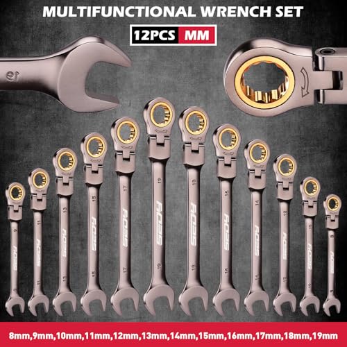 SEDY Premium 12-Piece Metric Flex-Head Ratchet Wrenches Set 8-19mm with Magnetic Organizer, Cr-V Steel Ratcheting Wrench Set with 72 Teeth 180° Flex Head, Ratchet Combination Wrench Set for Repair - style: 12-Piece Flex-Head (Metric)