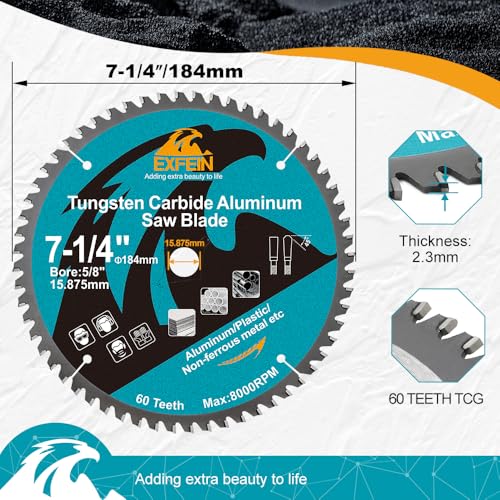 7-1/4 Inch 60 Teeth Aluminum and Non-Ferrous Metal Cutting Circular Saw Blade with 5/8 Inch Arbor, TCG Carbide Saw Blade for Metal & Plastic Cutting - size: 7-1/4"