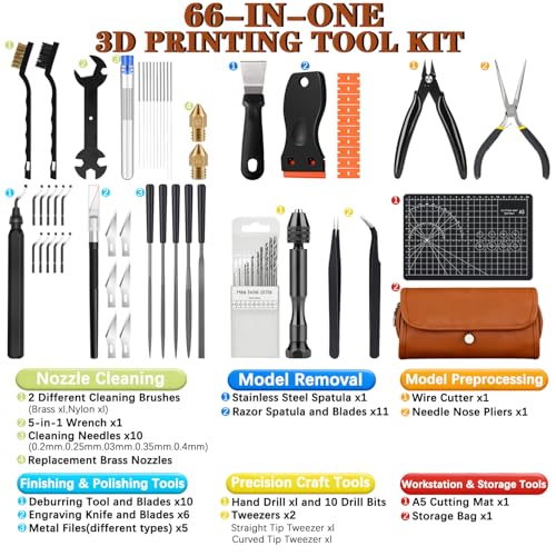 66Pcs 3D Printer Tools Kit with Storage Case, All-in-One Accessories for FDM/SLA Printers - Deburring Tool, Scrapers, Metal Files, Brushes, Hand Drill, Tweezers & More, for Bambu Lab, Ender 3, Kobra