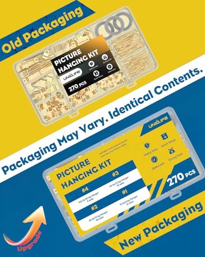 Uniclife 270 Pcs Heavy Duty Picture Hanging Kit, 10 lb, 30 lb, 50 lb, 100 lb Picture Hanging Hooks with Nails, D Ring Picture Hangers Sawtooth Picture Hangers & Picture Hanging Wires with Screws - size: 270 Pcs, style: Gold