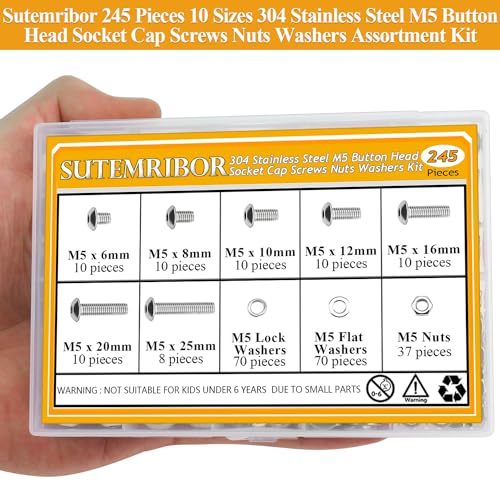 245 Pieces M5 Screws Nuts Washers Set, Sutemribor M5 x 6/8/10/12/16/20/25mm Button Head Socket Cap Screws Nuts Washers Assortment Kit, 304 Stainless Steel, Fully Threaded - size: M5, style: Button Head Socket Cap