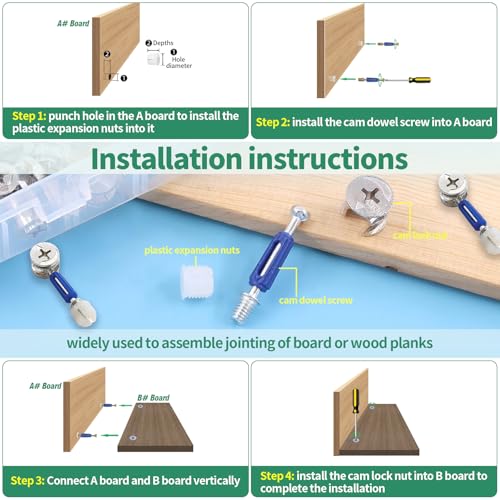 285Pcs 3 in 1 Furniture Connecting Hardware Connectors Kit for Cabinet Closet Drawer Wardrobe, Cam Lock Fittings with Dowel, Pre-Inserted Nut, Wood Dowel Pins and Locknut Caps