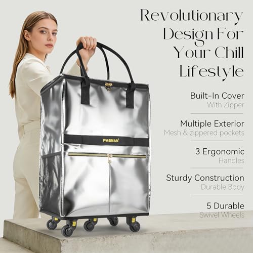 PASMAN Reusable Foldable Rolling Grocery Bag on 5 Wheels,Large, Silver - color: Silver, size: Large
