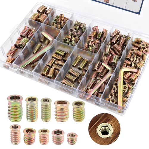 191 PCS Threaded Inserts for Wood, 10 Sizes-1/4-20, 5/16"-18, 3/8"-16 Threaded Wood Inserts Assortment Kit, Carbon Steel Screw in Nut with Hex Wrench for Home Office Furniture