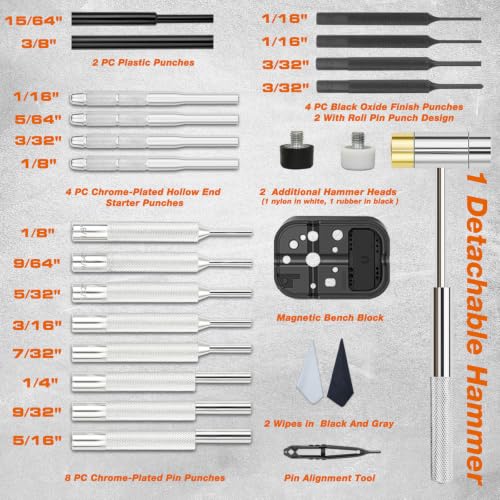 BESTNULE 25pc Punch Set and Hammer, Roll Pin Punch Set with Bench Block - size: 25-piece set