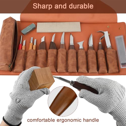 Deluxe Wood Carving Kit, Wood Carving Tools Set, 8Pcs Whittling Knifes & 5Pcs Detail Carving Knives with Large Leather Case & Gloves, Wood Whittling Kit for Beginners and Carpenter Experts