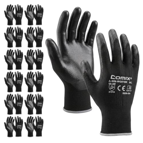 Comix PU Coated Work Gloves for Men & Women, 12 Pairs Bulk Pack, Grip - size: Medium