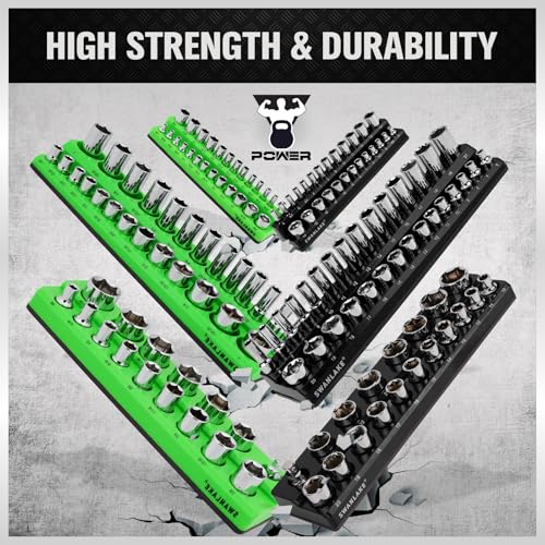Magnetic Socket Organizer Holder Tool: 8PCS Set includes 2PCS 1/4", 4PCS 3/8", 2PCS 1/2" Drive Socket Storage Trays Toolboxs, Holding 199 Slots Soft Rubber Covering Black Green (sockets not included) - style: 8PCS Green/Black