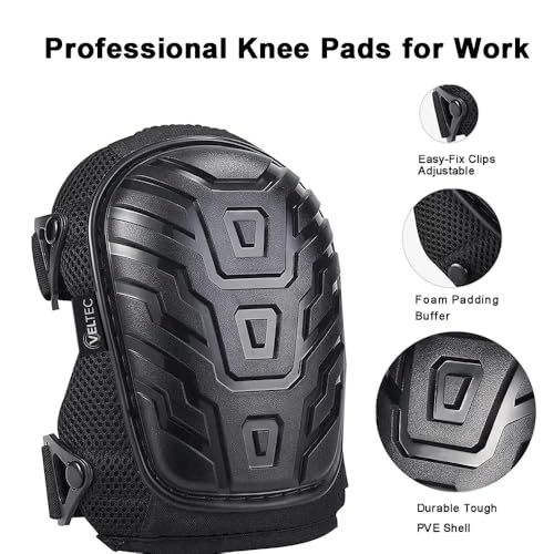 Veltec Premium Knee Pads for Work with Soft Foam and Gel Cushion - Heavy Duty Pads & Adjustable Non-Slip Straps - Pro Protection & Comfortable for Construction, Gardening, Flooring, Roofing and More