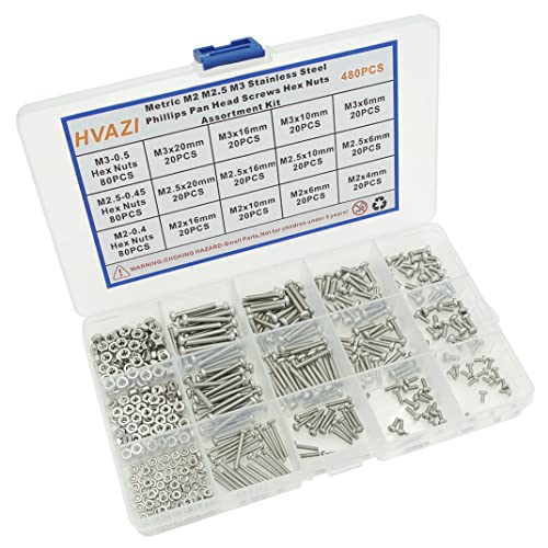 480PCS M2 M2.5 M3 304 SS Phillips Pan Head Machine Screws & Nuts Kit | Fully Threaded 4–20mm 304 Stainless Steel Metric Fasteners for PCB Arduino Raspberry Pi Electronics DIY with Storage Box - size: M2/M2.5/M3
