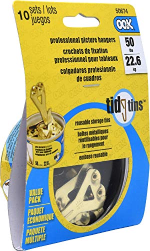OOK 50674 Professional Picture Hangers, Reusable Art Hooks, Padded, Brass, 50lbs (10 Set) Gold - size: 10 pieces, 50 lb
