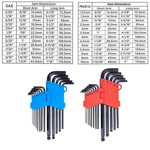 NEIKO 01103A Metric and Standard Allen Wrench Set, 26 Piece Ball End Hex Key Set, SAE & MM Long Allen Keys 1.27mm to 10mm & 0.05” to 3/8 Inch, Hex Wrench, Black Oxide Chrome Vanadium, Storage Case - size: Metric+SAE - 26pc