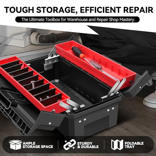 Auto Dynasty Foldable 2-layer Tool Box w/Non-Slip Handle Tray Storage, Red - color: Red, size: 2-Layer