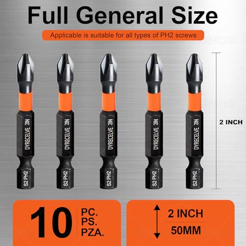 DYRECELVE 10-Piece Phillips Bits #2 Impact, 2-Inch Screwdriver Bits Set - color: 2'' Ph2 10-pcs