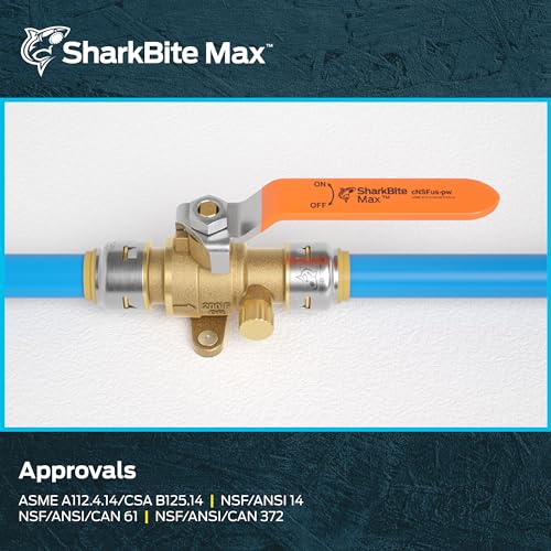 SharkBite Max 1/2 Inch Ball Valve with Drain Vent and Mounting Tab, Push to Connect Brass Plumbing Fitting, PEX Pipe, Copper, CPVC, PE-RT, HDPE, UR24615A - size: 1/2 in.