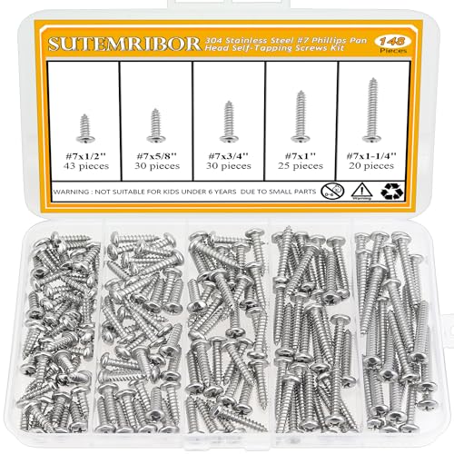 148 Pieces #7 x 1/2" 5/8" 3/4" 1" 1-1/4" Wood Screws Set, Phillips Pan Head #7 Self-Tapping Screws Assortment Kit, 304 Stainless Steel - size: #7, style: Phillips Pan Head