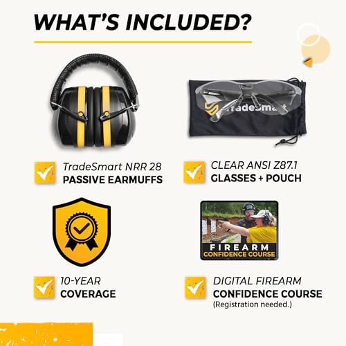 TradeSmart Shooting Ear Protection for Gun Range, NRR 28 Earmuffs & Eyewear - color: Clear Glasses - Yellow