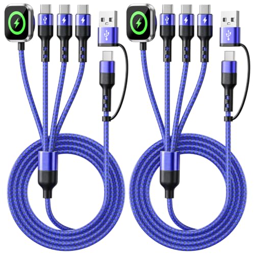 4 IN 2 Multi Charging Cable with 3 USB-C/iWatch Charger, Travel Essentials - color: Purple, size: 2Pack 5FT