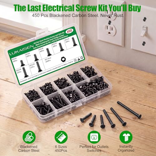 450Pcs Black M3 Phillips Flat Head Machine Screws and Nuts Kit | 4.8 Grade Carbon Steel Metric Bolts,(M3 x 4/6/8/10/12/16/20mm), for Electronics, Furniture, DIY, Clear Label Storage Box - size: 450Pcs M3*4/6/8/10/12/16/20mm-Flat