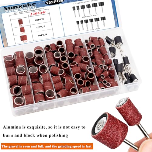 Sanding Drum Set for Most Rotary Tools-Includes 120 Aluminum Oxide Sanding Sleeves for Drum Sanders(120Grit) and 12 Drum Mandrels-Sanding Bits Tool Accessories with Box - size: 132PCS